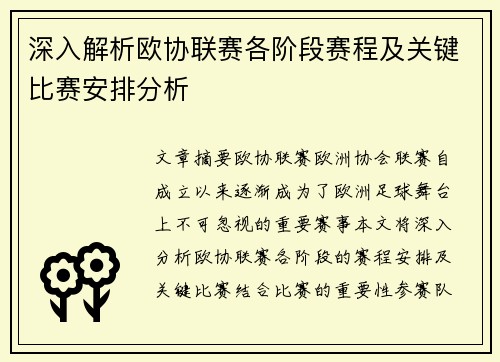 深入解析欧协联赛各阶段赛程及关键比赛安排分析